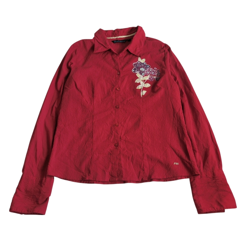 90s Y2K Point Zero Floral Applique Beaded Blouse Red Crinkle Large - Picture 3 of 14